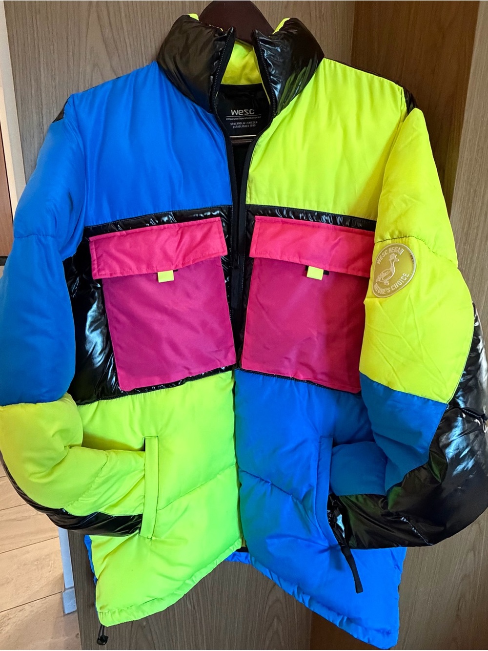 WESC Colorblock MENS Puffer Jacket in Blue, Yellow & Pink